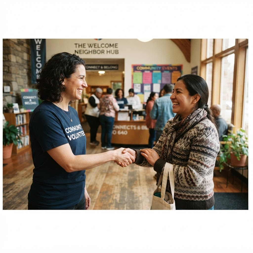 A volunteer warmly shaking hands with someone at The Life Center
